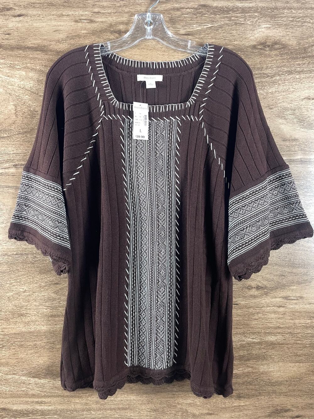 NWT Dressbarn 100% Cotton Brown Boho Knit Sweater Top Size L Stitching